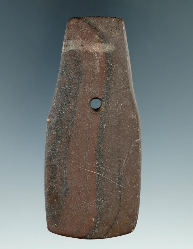 3 7/16" Hopewell Shovel Pendant made from red and black Banded Slate. Ex. Mike Schoenfeld Collection