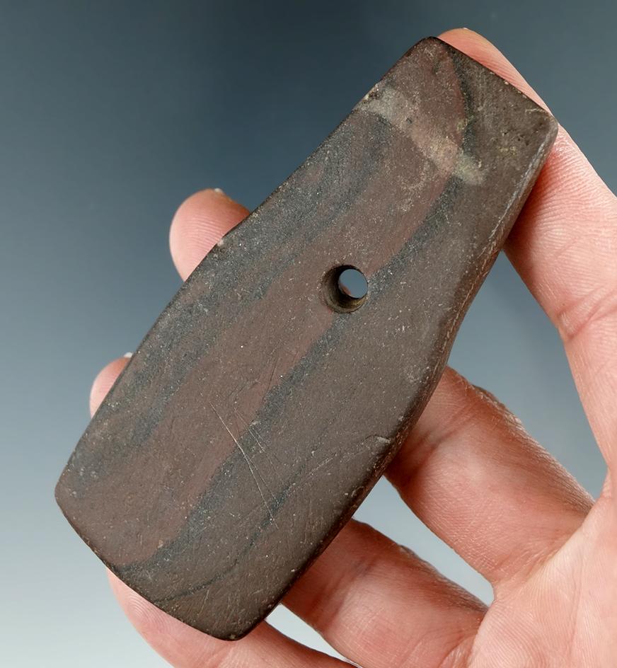 3 7/16" Hopewell Shovel Pendant made from red and black Banded Slate. Ex. Mike Schoenfeld Collection