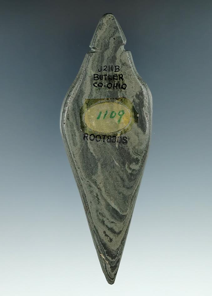4 5/8" Lizard Effigy made from green and black Banded Slate, found in Butler Co., Ohio. Pictured