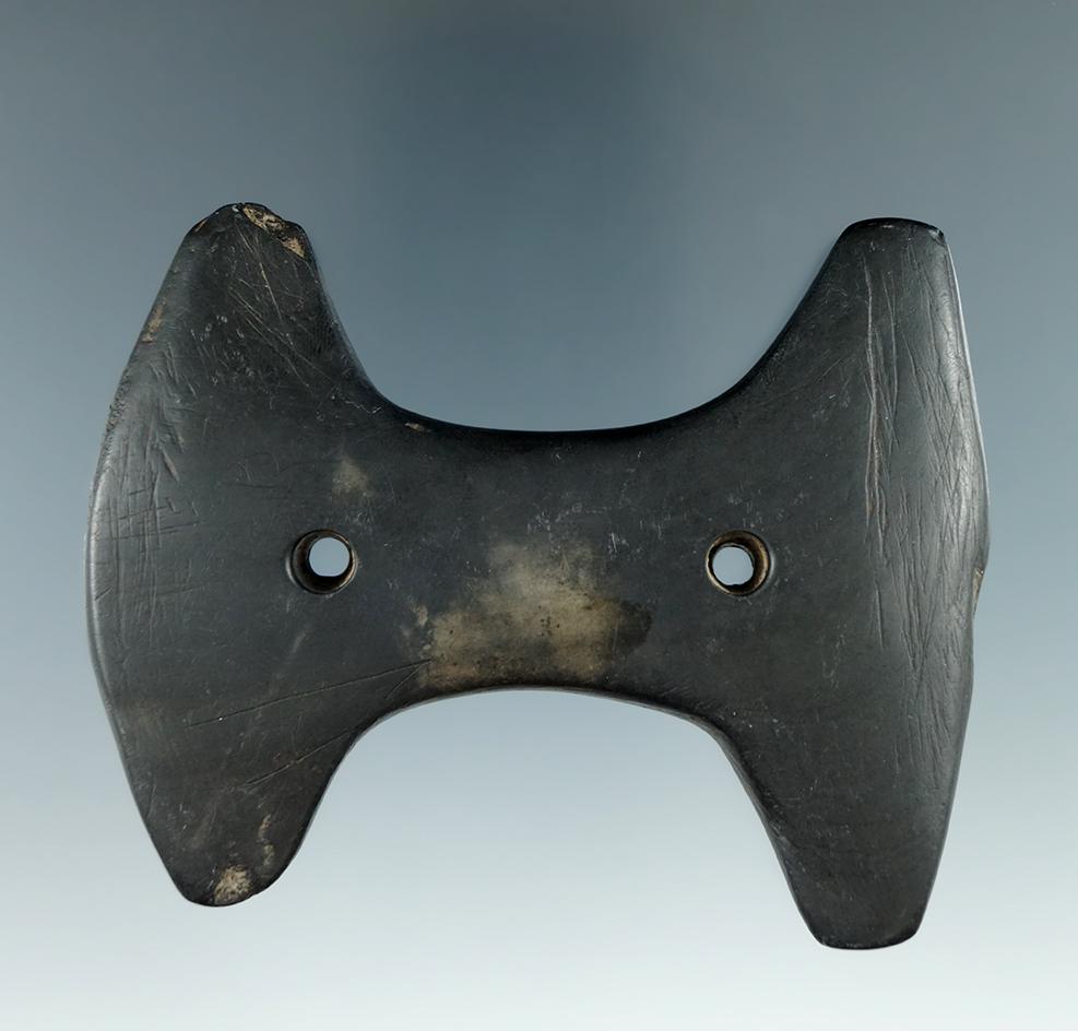 3 9/16" Glacial Kame Constricted Center Gorget made from black and tan Slate, found in Wood Co., Ohi