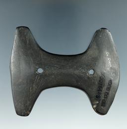 3 9/16" Glacial Kame Constricted Center Gorget made from black and tan Slate, found in Wood Co., Ohi