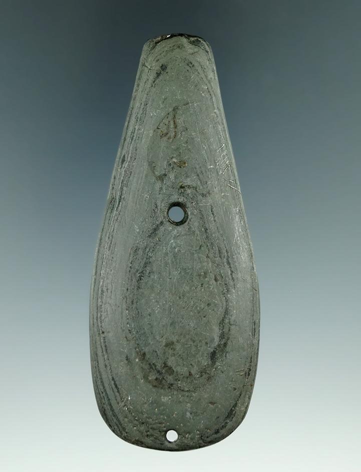 3 13/16" Glacial Kame Teardrop Pendant salvaged from a gorget found in Sand Lake, Michigan. Ex. Mood