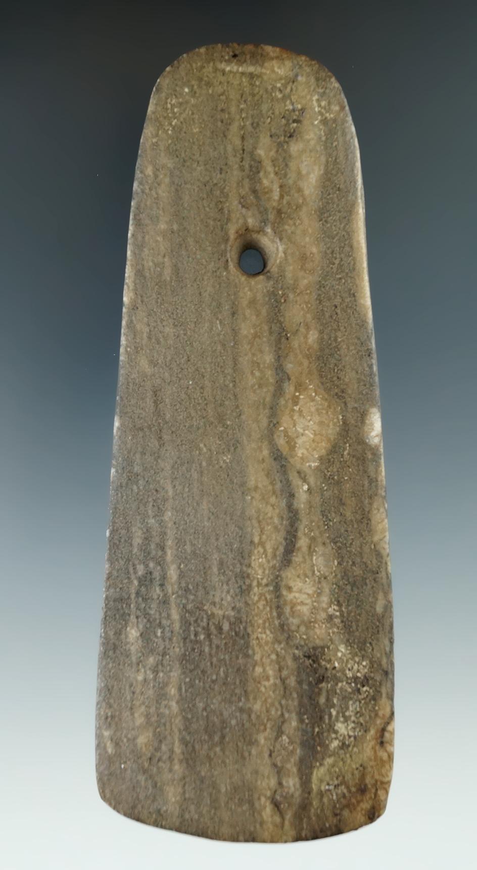 4 15/16" Trapezoidal Pendant made from Gneiss, found in Muskingum Co., Ohio.