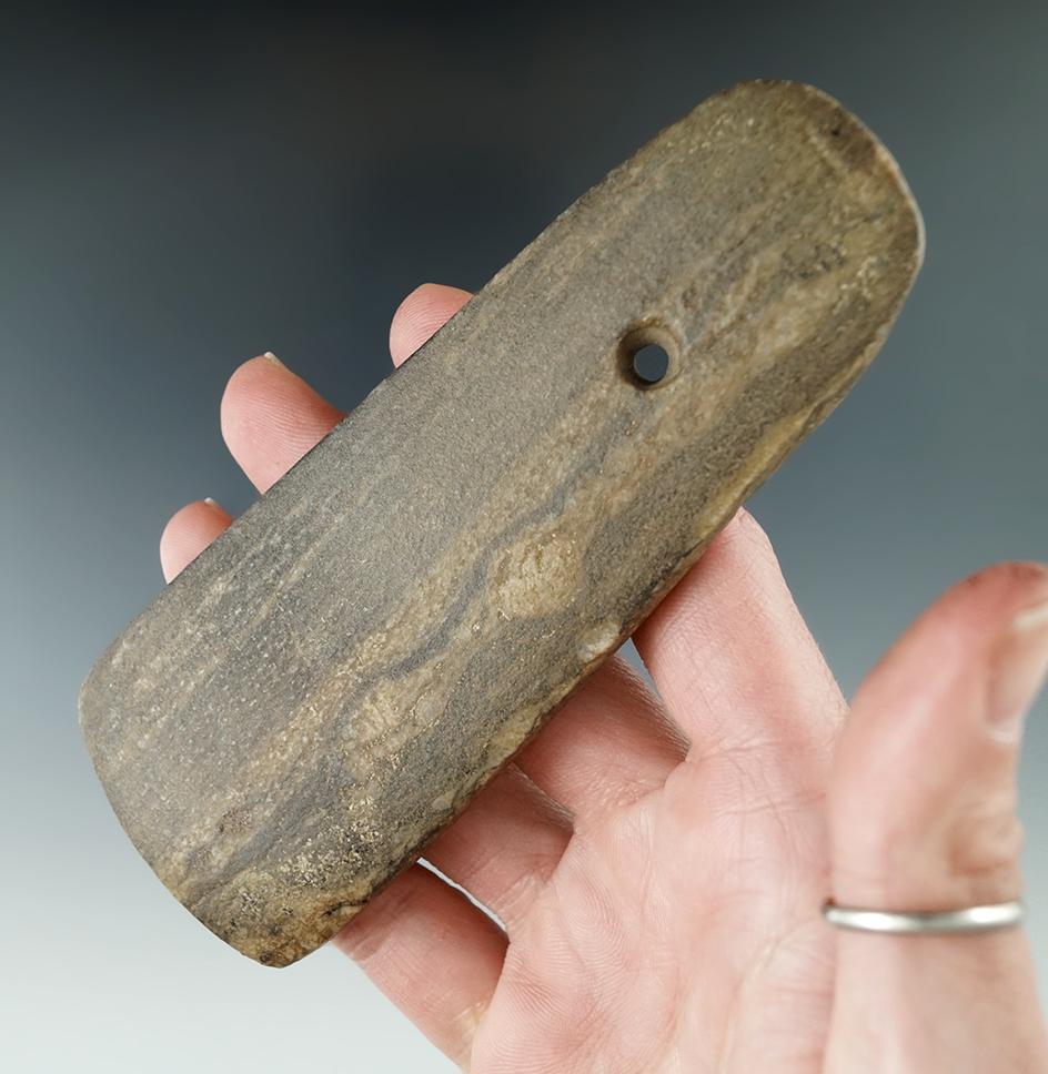 4 15/16" Trapezoidal Pendant made from Gneiss, found in Muskingum Co., Ohio.