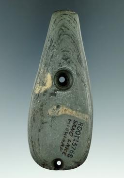 3 13/16" Glacial Kame Teardrop Pendant salvaged from a gorget found in Sand Lake, Michigan. Ex. Mood