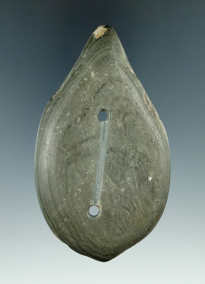 3 7/8" Glacial Kame Grooved Effigy Gorget made from green and black Banded Slate, Hancock Co., Ohio.