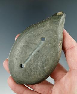 3 7/8" Glacial Kame Grooved Effigy Gorget made from green and black Banded Slate, Hancock Co., Ohio.