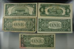 1935D, 1957, & 1957 One $ Silver Certs; 1953A Two $ Red Seal Note; 1953A Five $ Silver Certificate.
