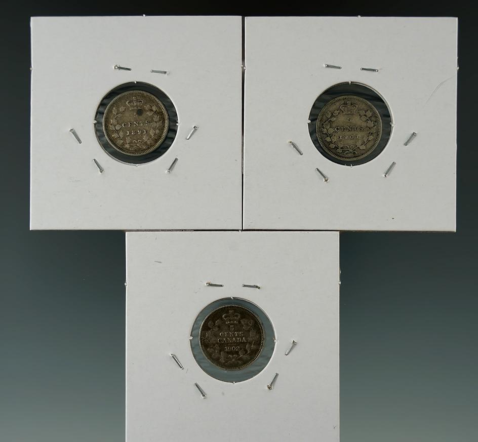 1891, 1901, & 1902 Canadian 5 Cent Silvers.