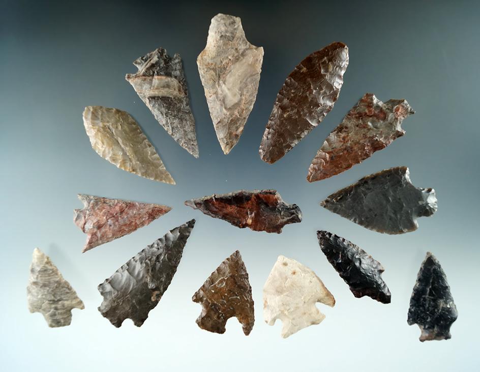 Group of 14 assorted arrowheads found near the Columbia River by Norma Berg. Largest is 1 3/4".