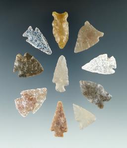 Group of 10 assorted High Plains arrowheads, largest is 1 3/16".