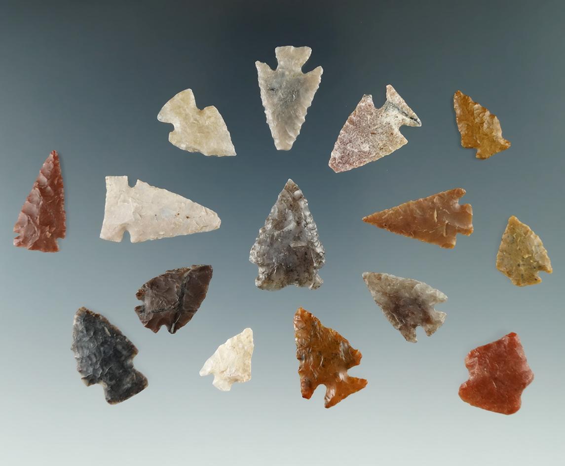 Group of 15 assorted arrowheads from the High Plains region, some have some damage.