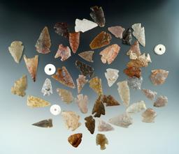 Large group of 43 High Plains arrowheads and three shell beads, largest is 1 3/8".