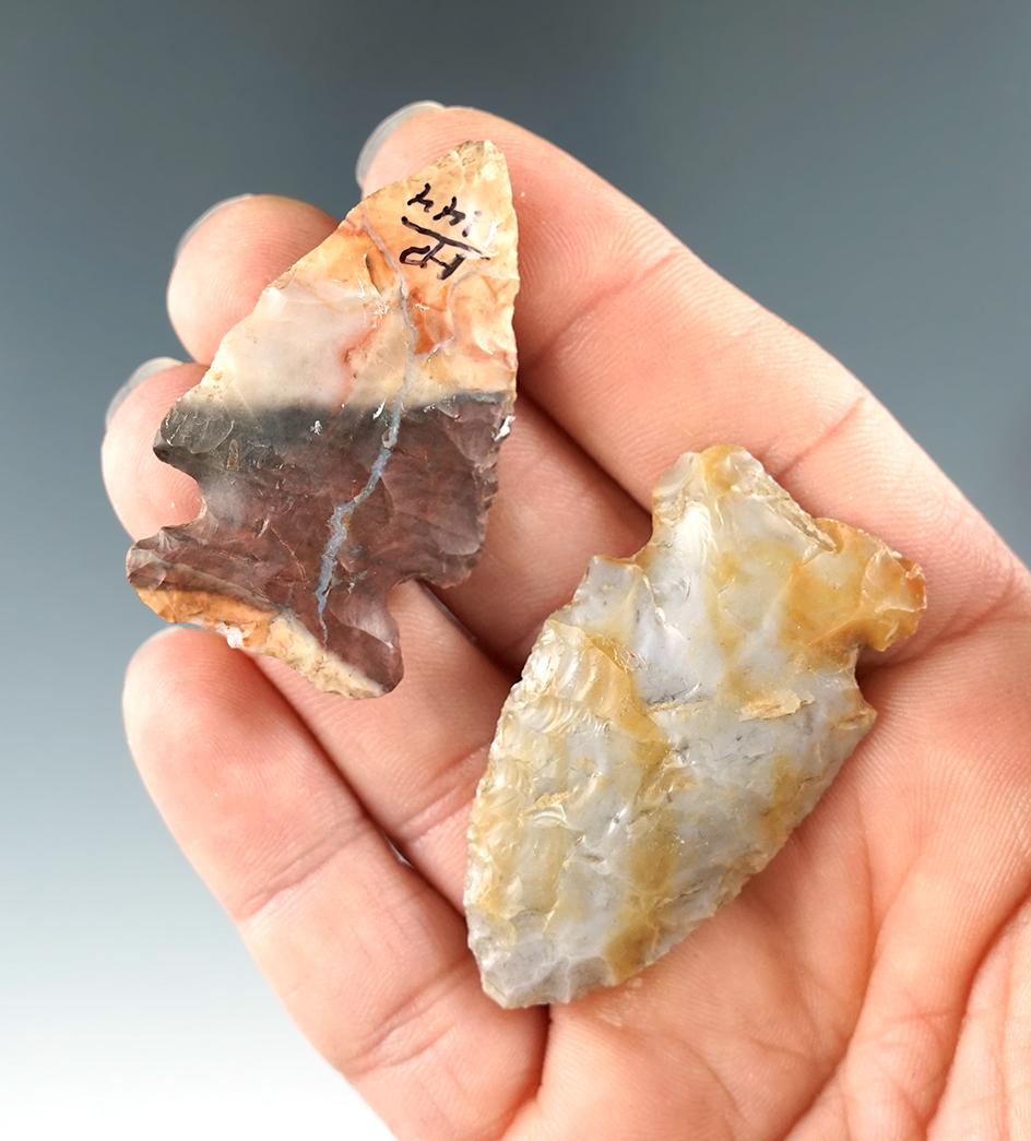 Pair of beautiful Flint Ridge Flint Archaic Sidenotch points found in Ohio, largest is 1 7/8".