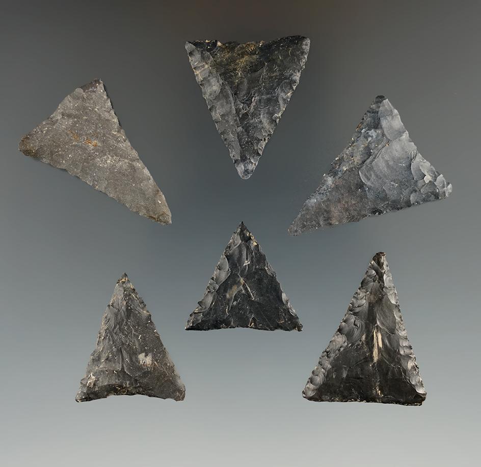 Group of six well styled Mississippian Triangle points made from Coshocton Flint found in Ohio