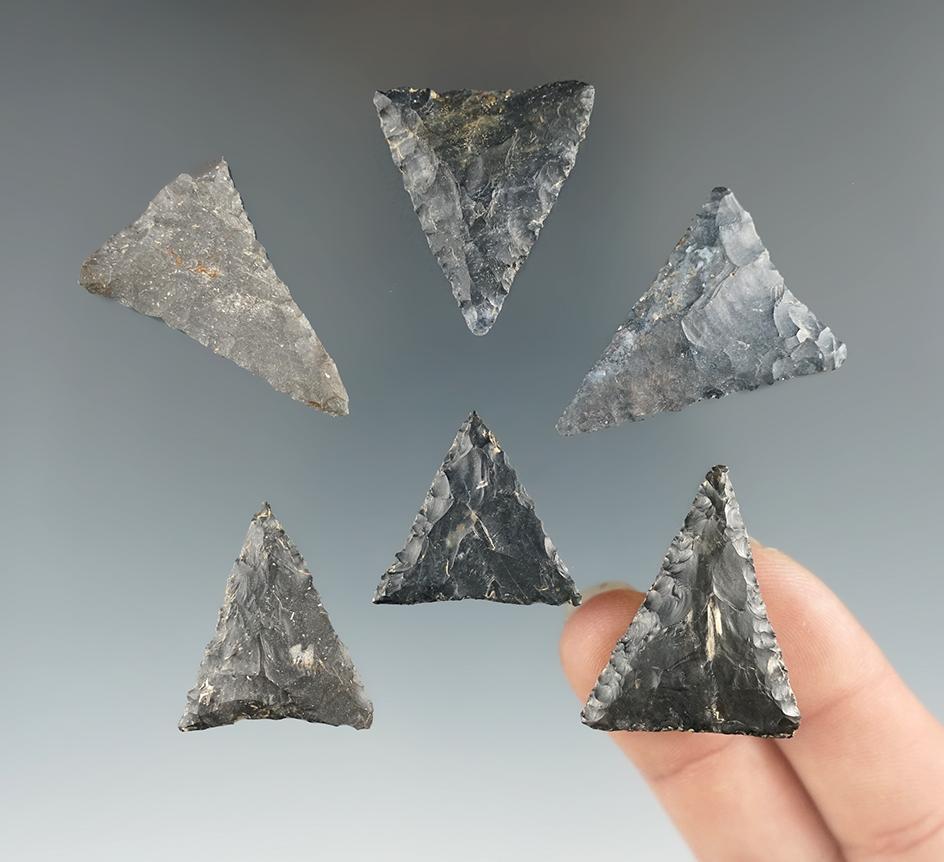 Group of six well styled Mississippian Triangle points made from Coshocton Flint found in Ohio