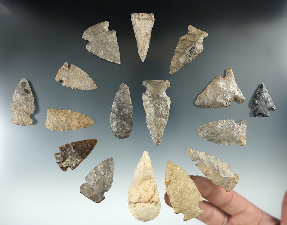 Set of 16 assorted points found near Salamanca Creek, Cattaraugus Co., New York.