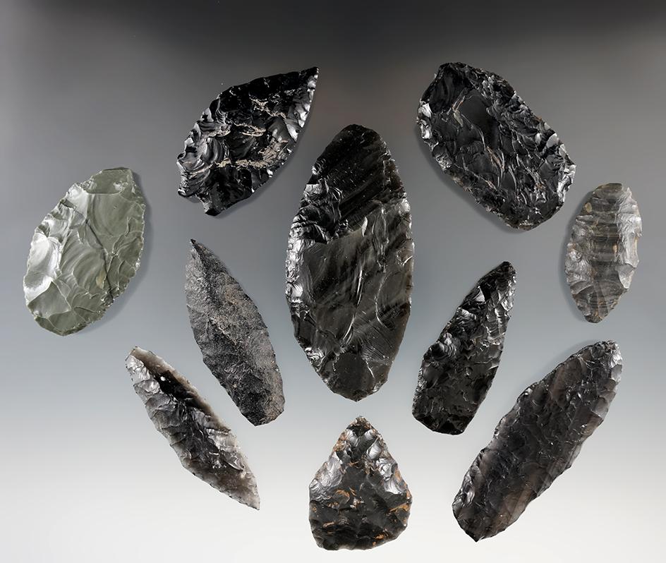 Set of 10 Obsidian Great Basin flaked artifacts, largest is 3 1/8".