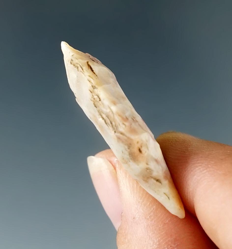 1 3/8" Pelican made from white and pink Alibates Flint. Atoka Co., Oklahoma. Rogers COA.