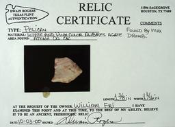 1 3/8" Pelican made from white and pink Alibates Flint. Atoka Co., Oklahoma. Rogers COA.