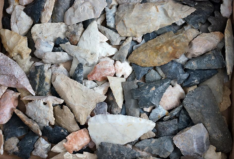 Box flat of field found Flint artifacts, most have some damage. Largest is 3 5/8".