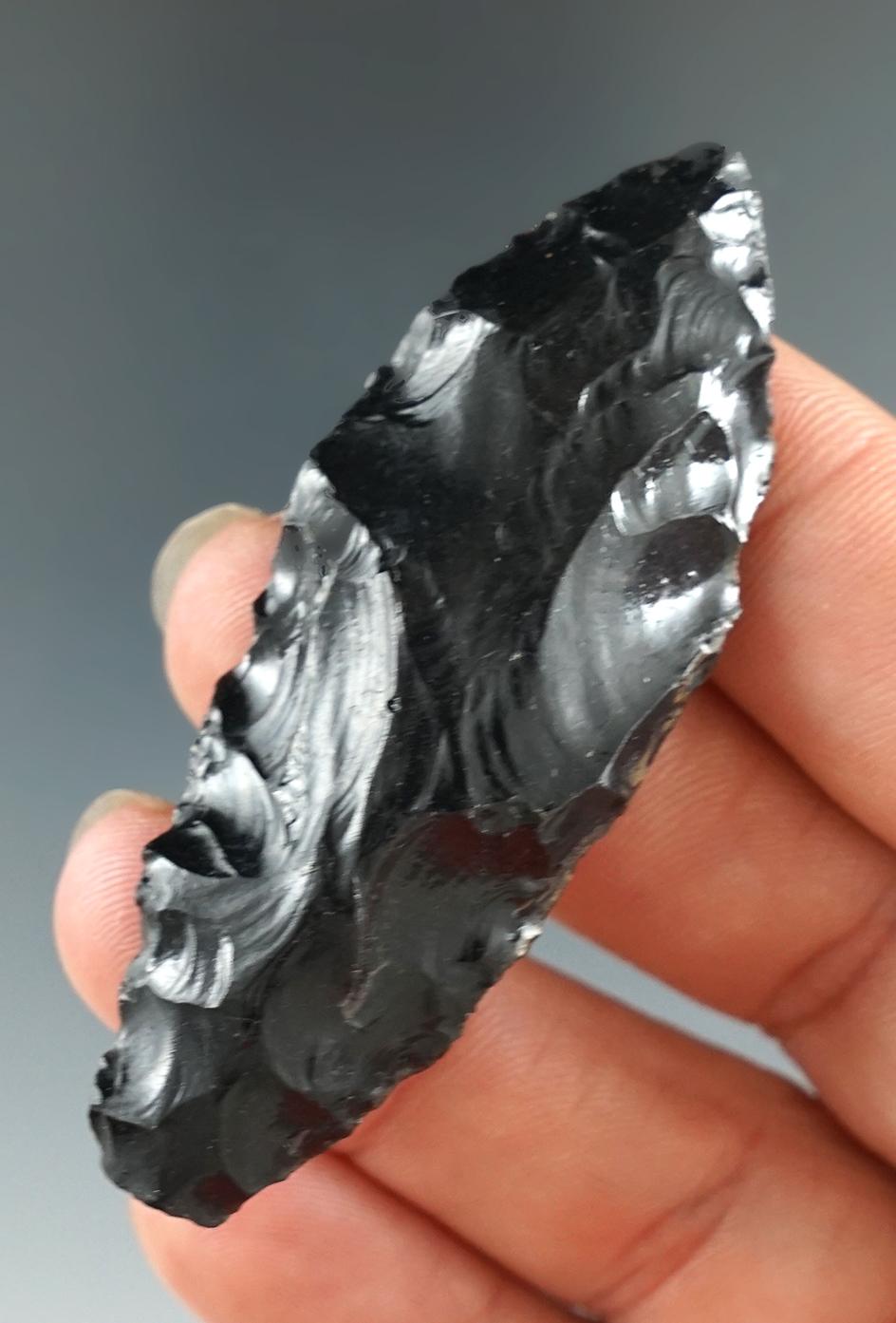 2 1/2" Obsidian Haskett found in Christmas Valley, Oregon. Pictured in Overstreet #10, page 1042. Ex