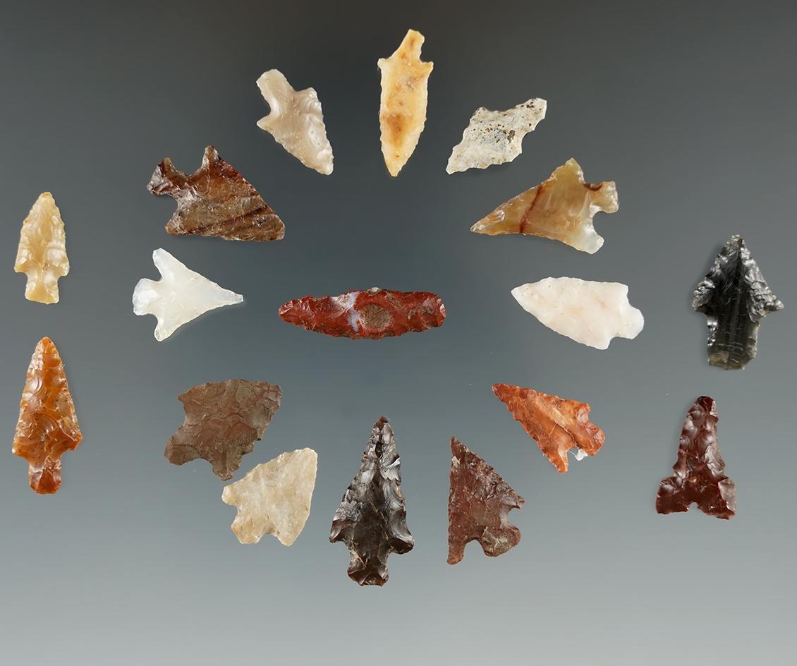 Group of 17 Assorted Arrowheads found near the Columbia River, Klickitat Co. Washington i n 1963.