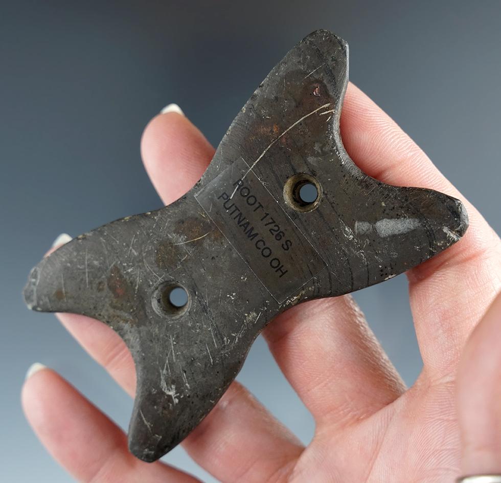 3 1/4" Hopewell Reel Gorget found in Riley Twp., Putnam Co., Ohio. Ex. Fett, McVetta Brothers.