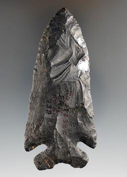 3 11/16" Archaic Thebes made from black Coshocton Flint, found in or near Milan, Erie Co., Ohio.