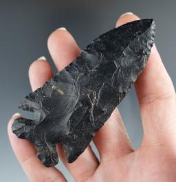 3 11/16" Archaic Thebes made from black Coshocton Flint, found in or near Milan, Erie Co., Ohio.