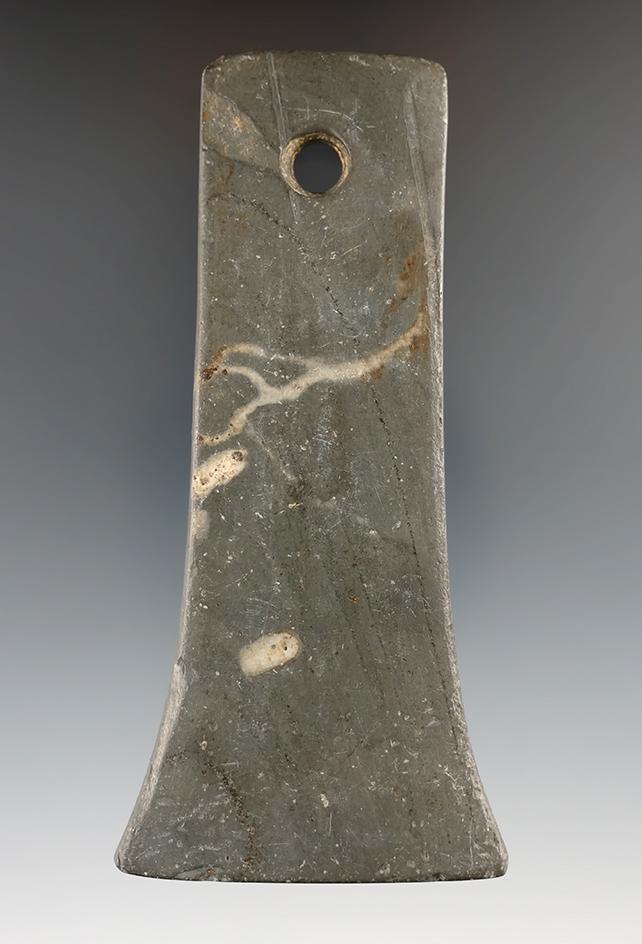 4 1/2" Adena Bell Pendant made from Banded Slate, found in Hamilton Co., Ohio. Davis G-9 COA.