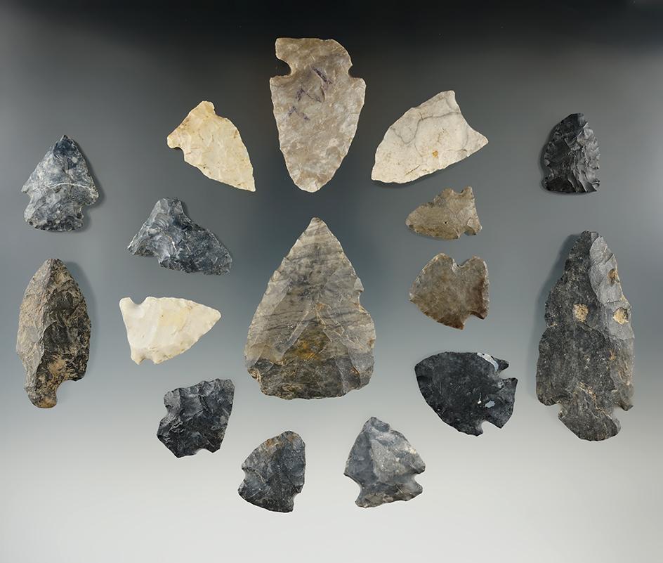 Group of 16 assorted field found Flint artifacts, largest is 2 5/8". Found in Richland Co., Ohio .