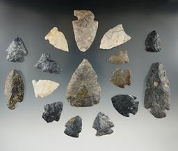 Group of 16 assorted field found Flint artifacts, largest is 2 5/8". Found in Richland Co., Ohio .