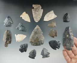 Group of 16 assorted field found Flint artifacts, largest is 2 5/8". Found in Richland Co., Ohio .