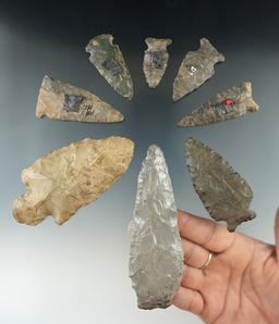 Group of 8 Flint points and Knives found in New York. One is restored. Largest is 3 5/8".