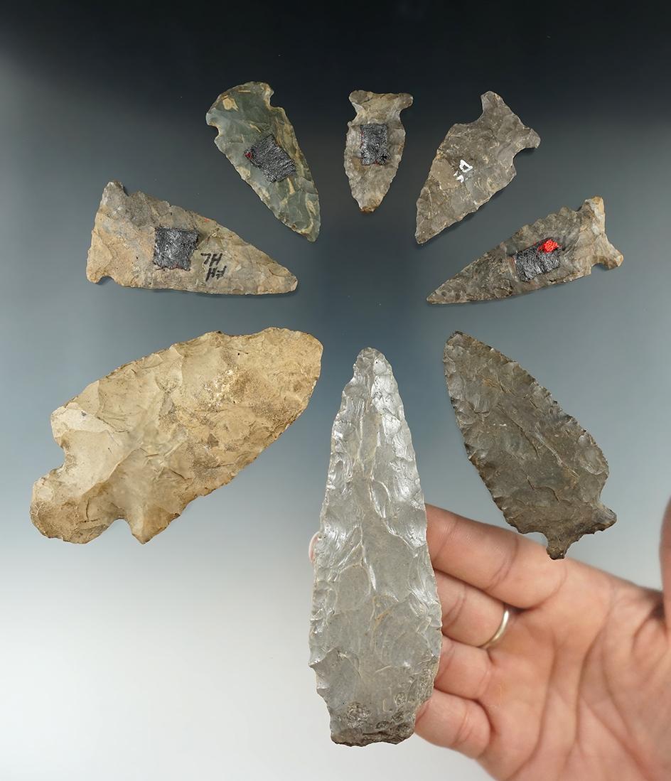 Group of 8 Flint points and Knives found in New York. One is restored. Largest is 3 5/8".