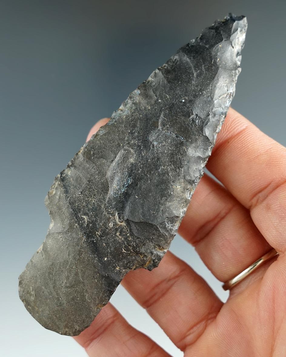 3 3/4" two-tone Nellie Chert Adena. Found in Williams Co., Ohio.