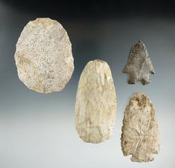 Set of four flaked artifacts found in Indiana, largest is 3 5/8".