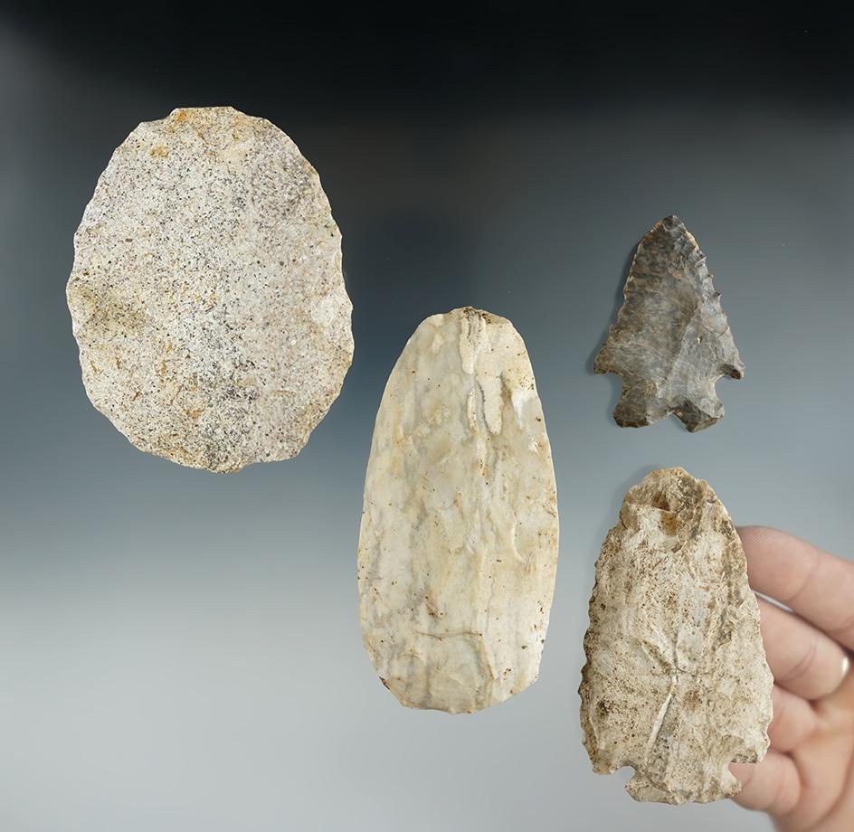 Set of four flaked artifacts found in Indiana, largest is 3 5/8".