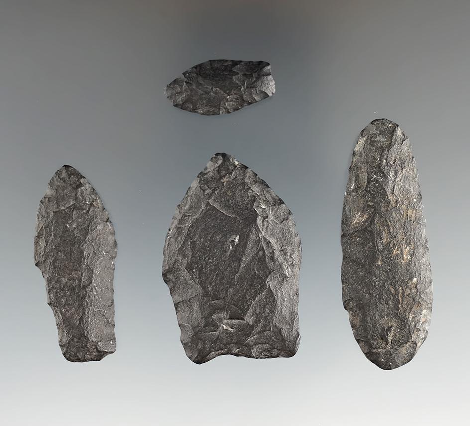 Set of four projectile points made from basalt found in the Western U. S. Largest is 1 15/16".
