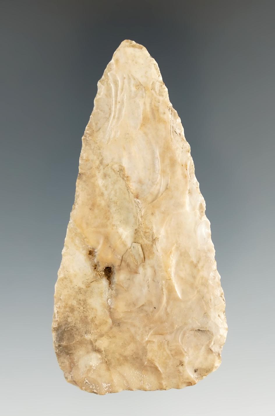 Heavily patinated 3 1/4" Flint Blade found in Indiana.