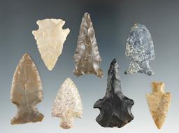 Set of seven assorted arrowheads found in Rush Co., Indiana, largest is 2 1/16".