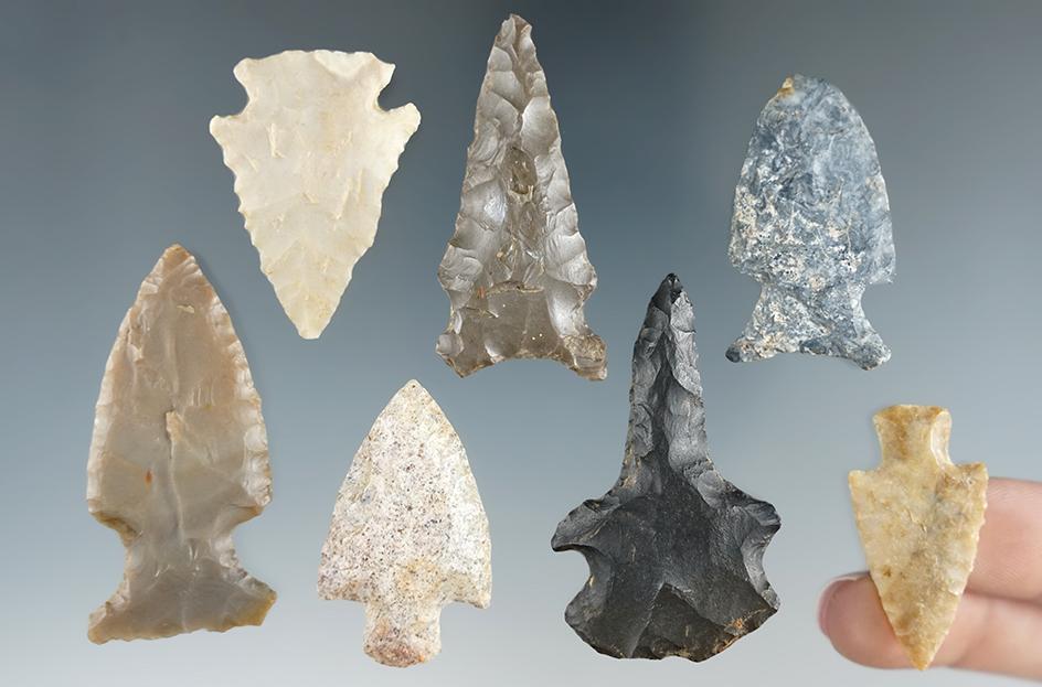 Set of seven assorted arrowheads found in Rush Co., Indiana, largest is 2 1/16".
