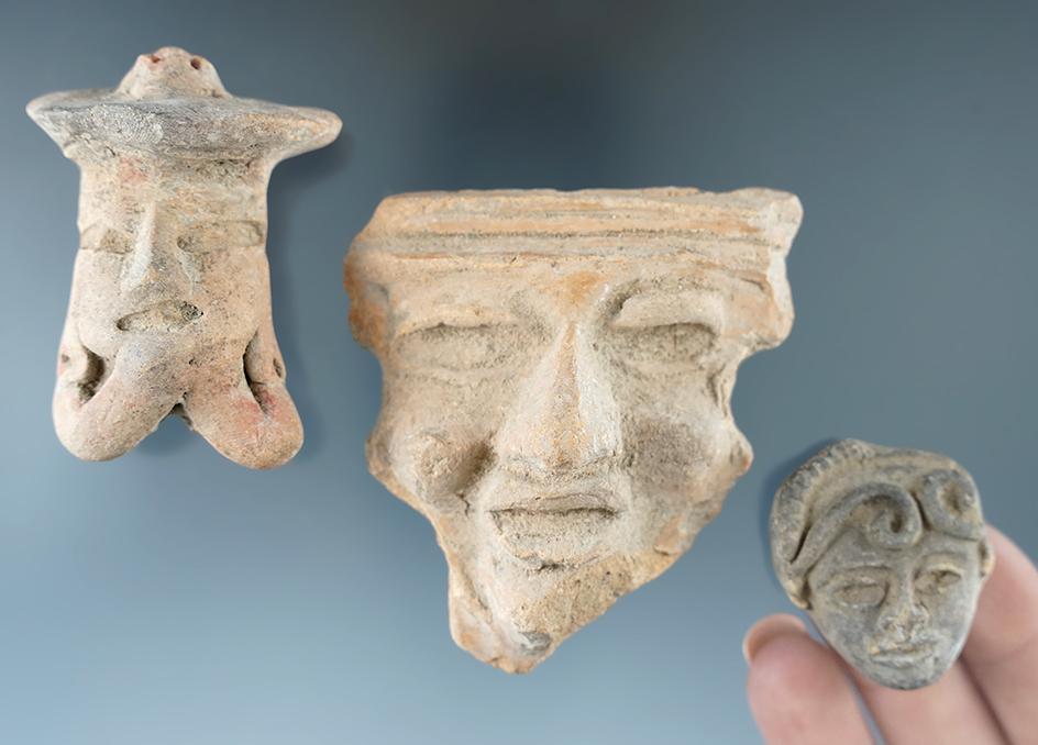 Set of three pre-Columbian pottery heads found in Mexico, largest is 2 5/8".".