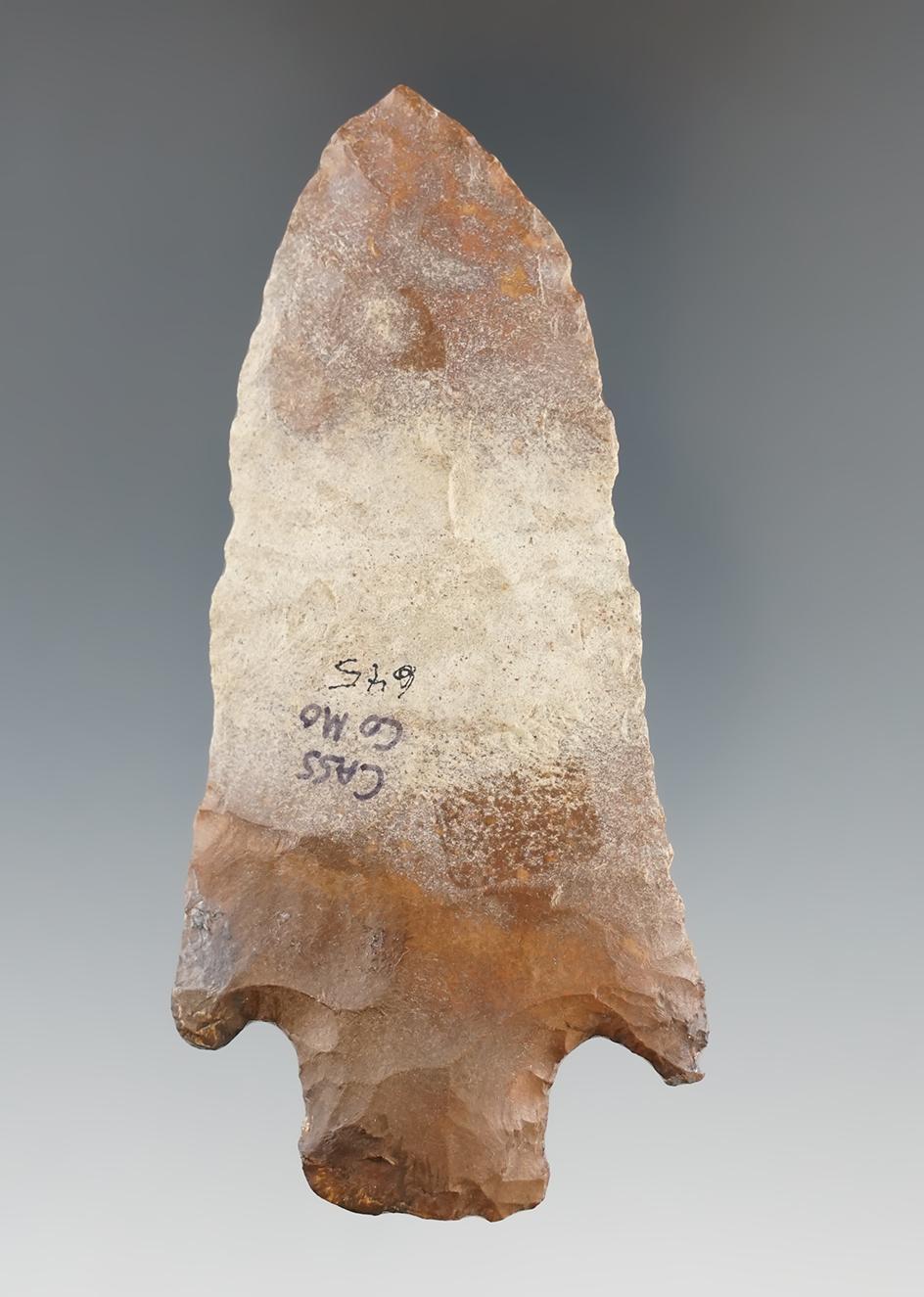 3 3/4" Smith Knife found in Cass Co., Missouri made from attractive multi-colored Flint.