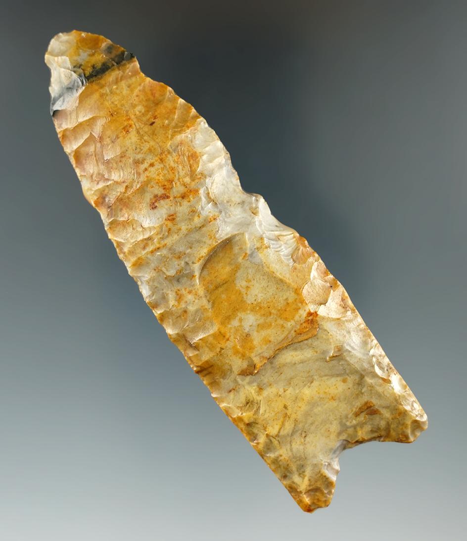 4" Paleo fluted Clovis made from heavily patinated Upper Mercer flint found in Ohio.