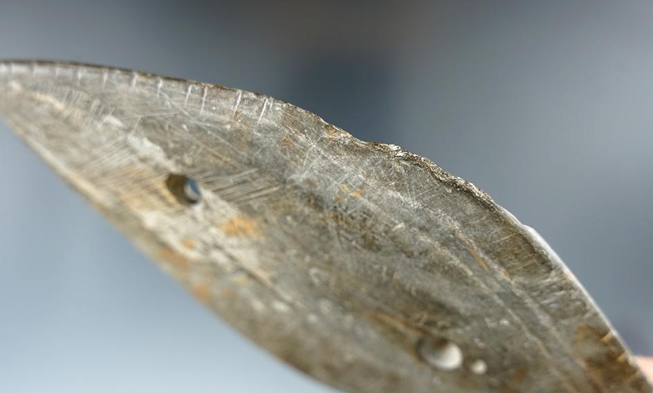 Large and thin 6 3/8" slate Bi-pointed Gorget found in Estill Co., Kentucky - engravings & tallies