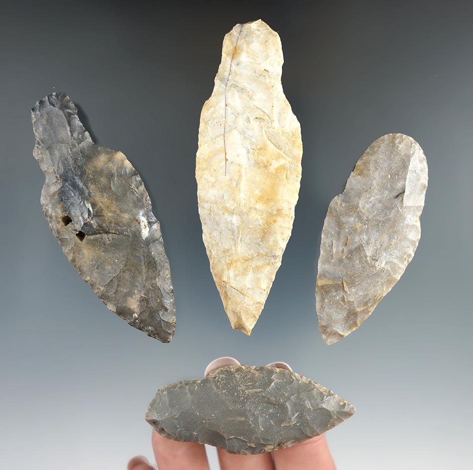 Group of four Adena Knives, largest is 3 5/8" found near the Black Fork River, Richland Co., Ohio.