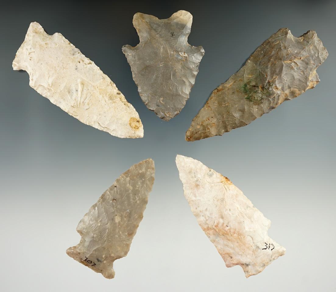 Set of five Flint Knives found in Missouri/Illinois. Largest is 3 3/8".