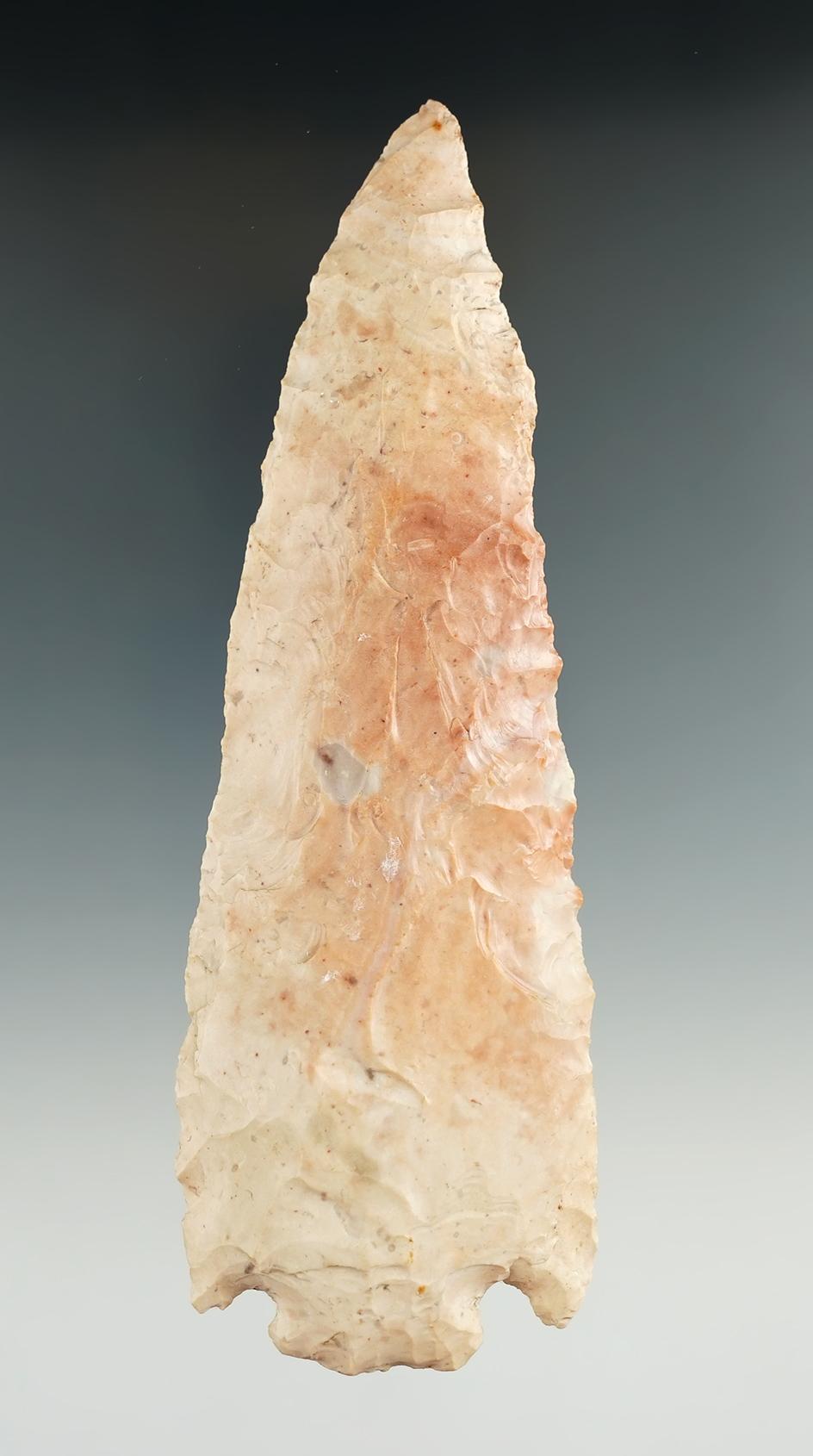 5 7/16" Archaic Cornernotch made from attractive pink and cream Burlington chert found in Illinois.